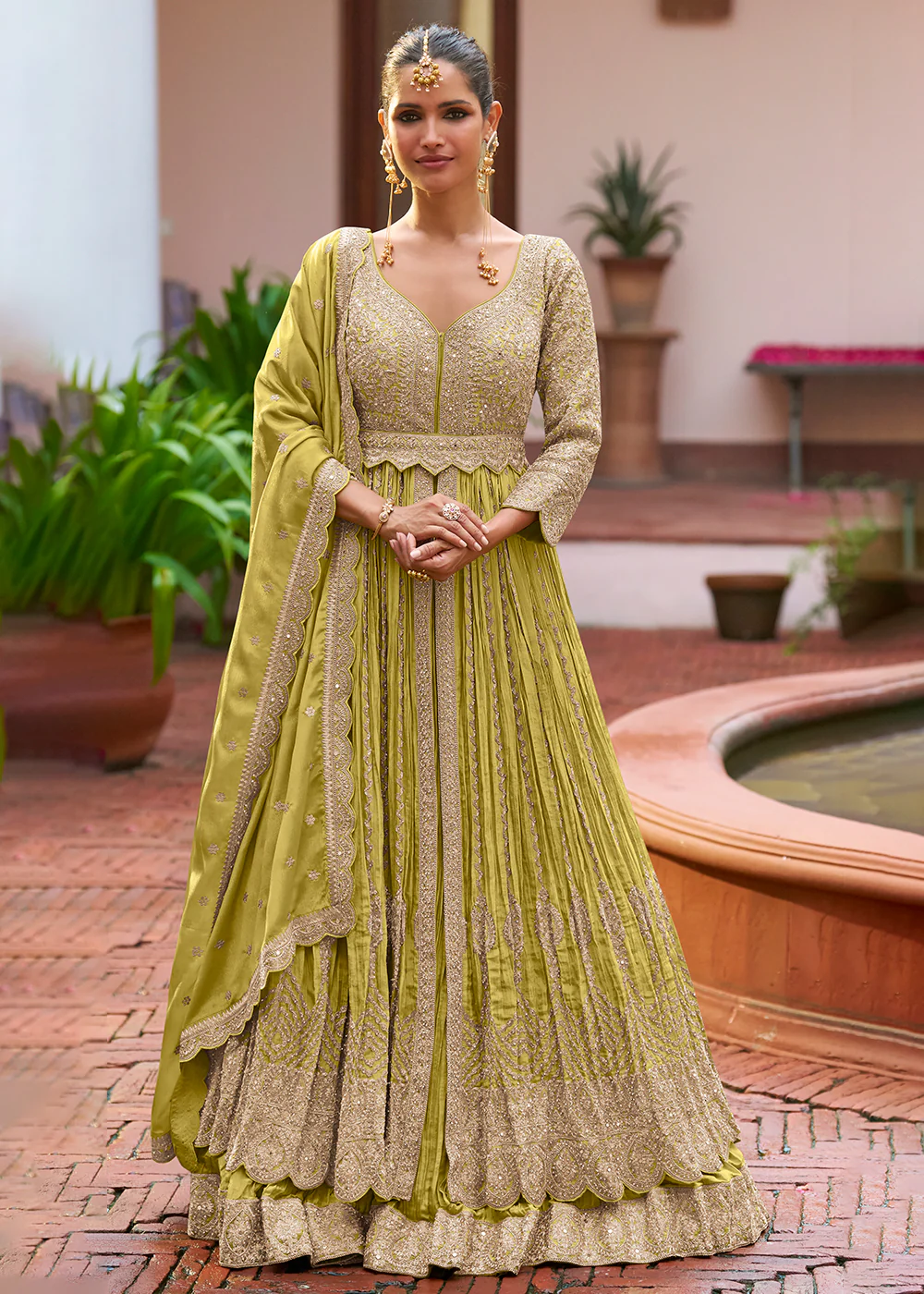 Party Wear Real Chinnon Embroidered Designer Green Long Gown
