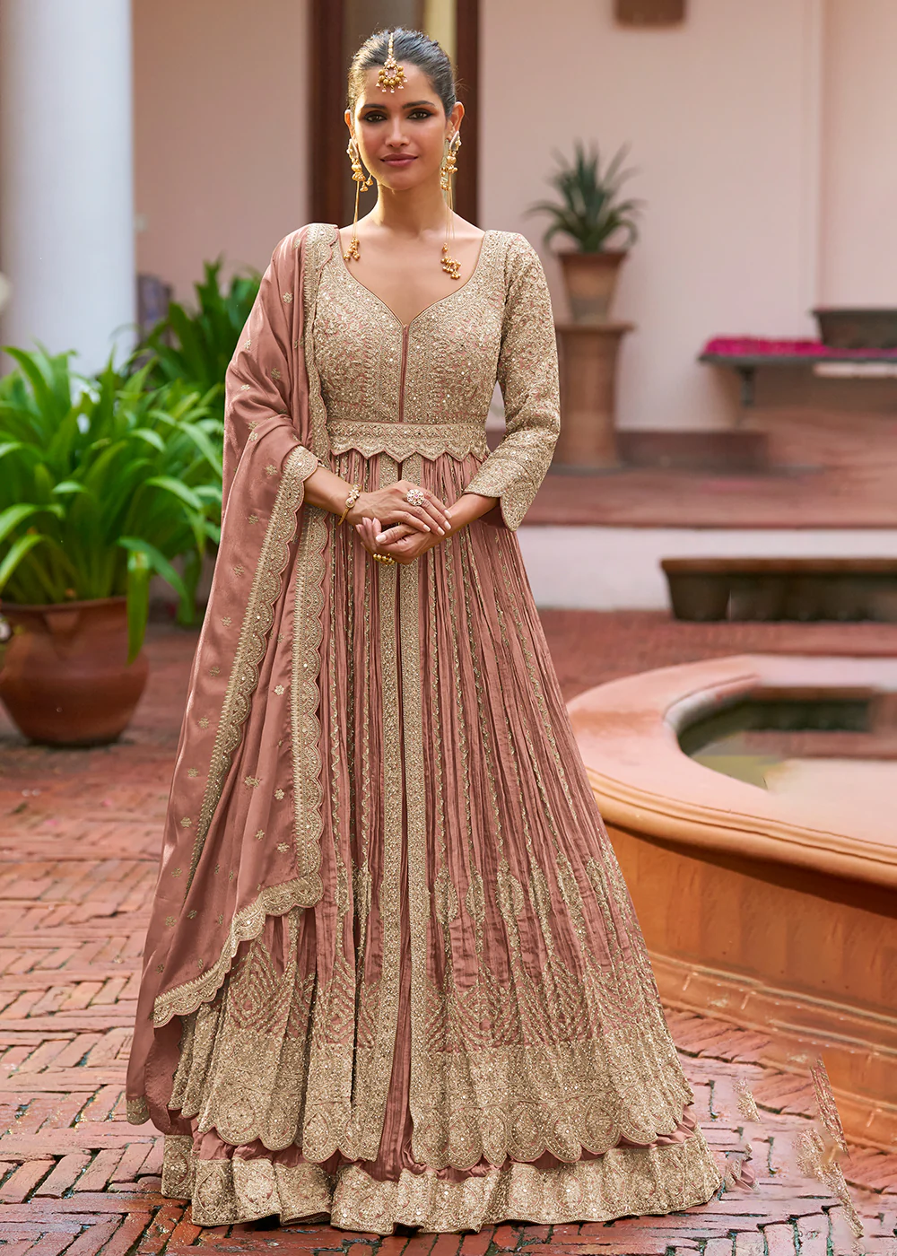 Party Wear Real Chinnon Embroidered Designer Pink Long Gown