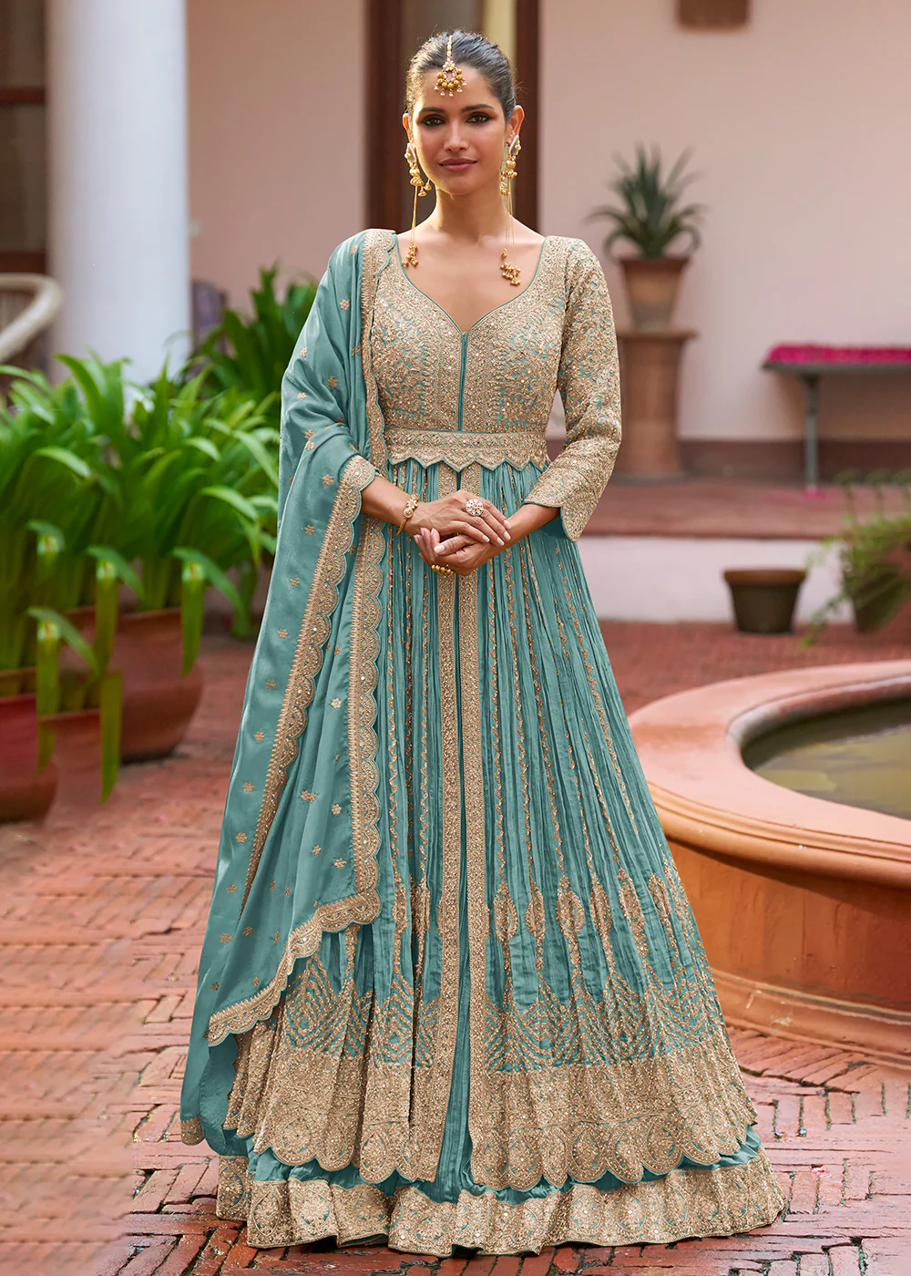 Party Wear Real Chinnon Embroidered Designer Blue Long Gown