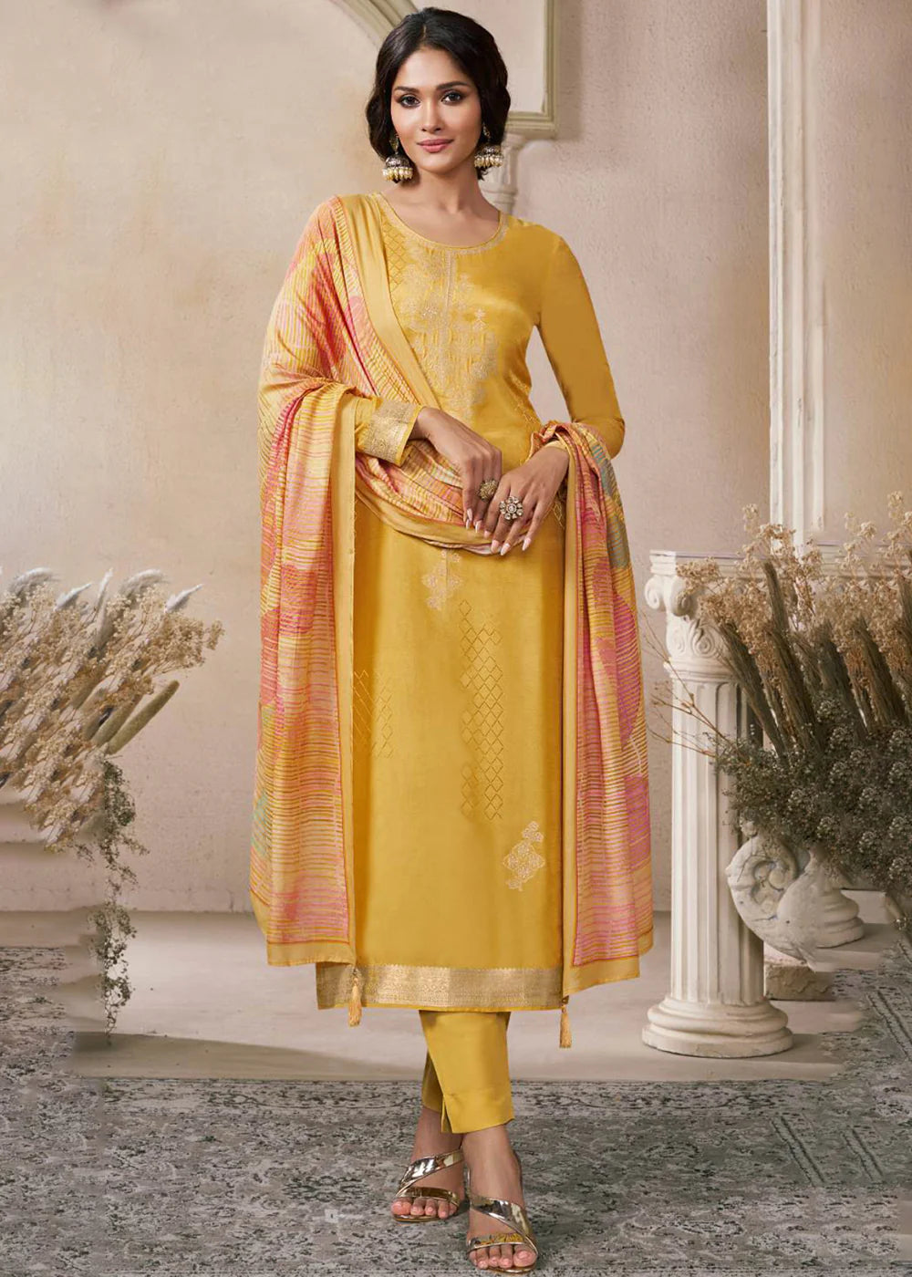 Mustard Yellow Self-Woven Viscose Muslin Jacquard Suit