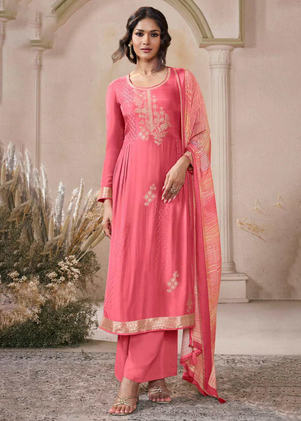 Peach Pink Self-Woven Viscose Muslin Jacquard Suit
