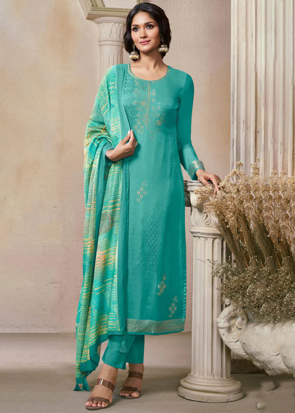 Turquoise Green Self-Woven Viscose Muslin Jacquard Suit