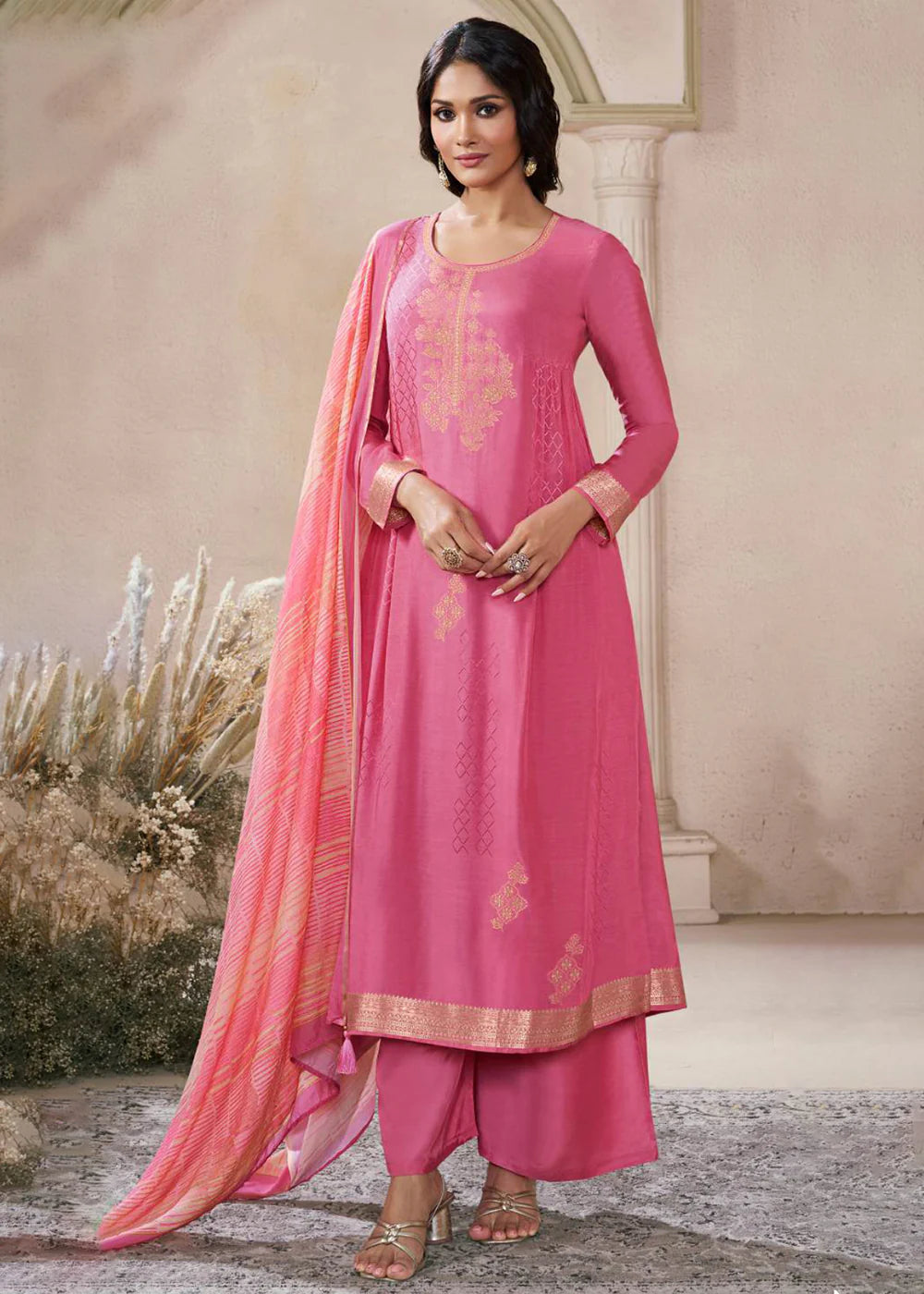 Rose Pink Self-Woven Viscose Muslin Jacquard Suit