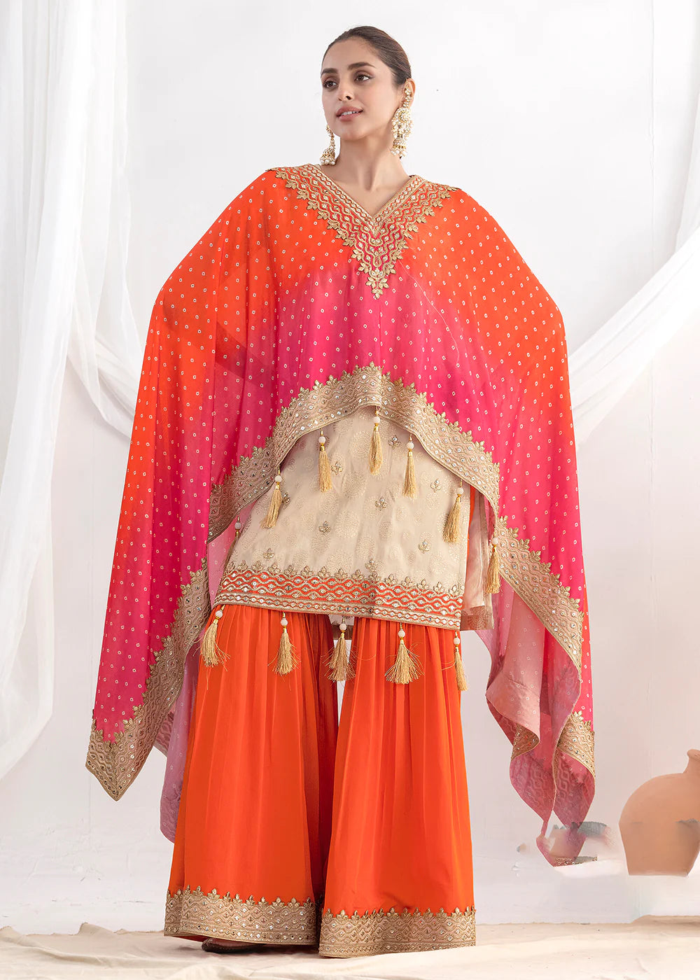 Designer Cream & Orange Kaftan Style Gharara Suit
