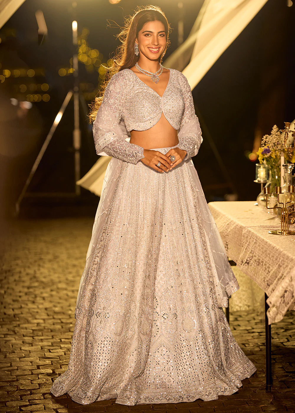 Elegant Ice Silver Embellished Bridal Lehenga with Designer Blouse