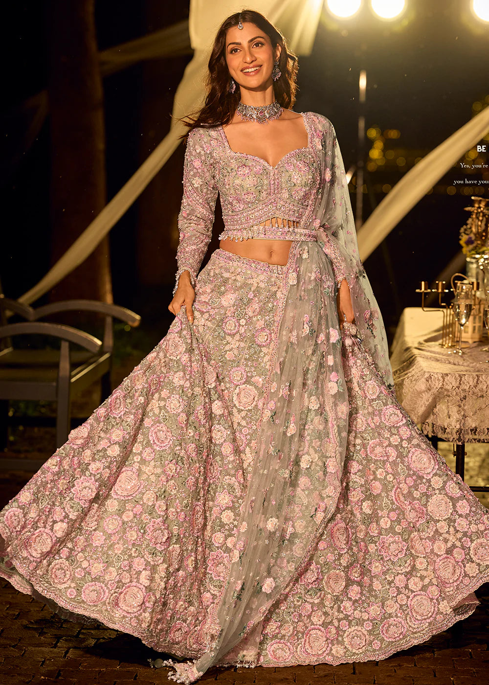 Elegant Pastel Mint with Pink Net Embellished Bridal Lehenga with Designer Blouse