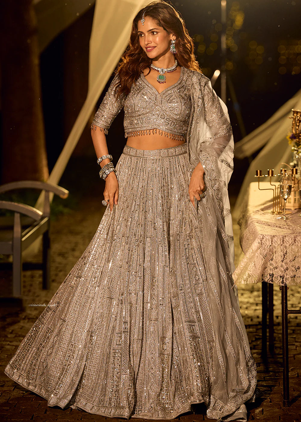 Elegant Metallic Silver Grey Embellished Bridal Lehenga with Designer Blouse