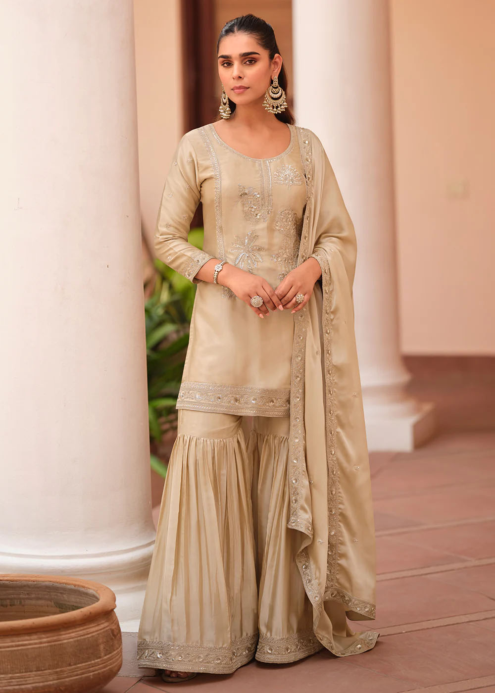 Designer Champagne Gold Silk Satin Embroidered Gharara Set