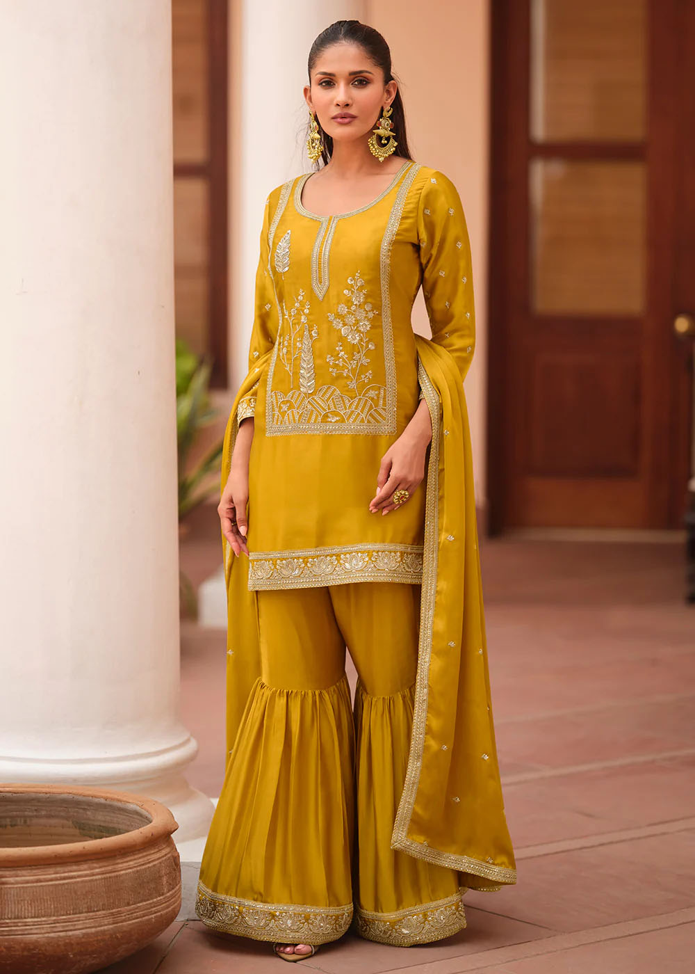 Designer Mustard Yellow Silk Satin Embroidered Gharara Set