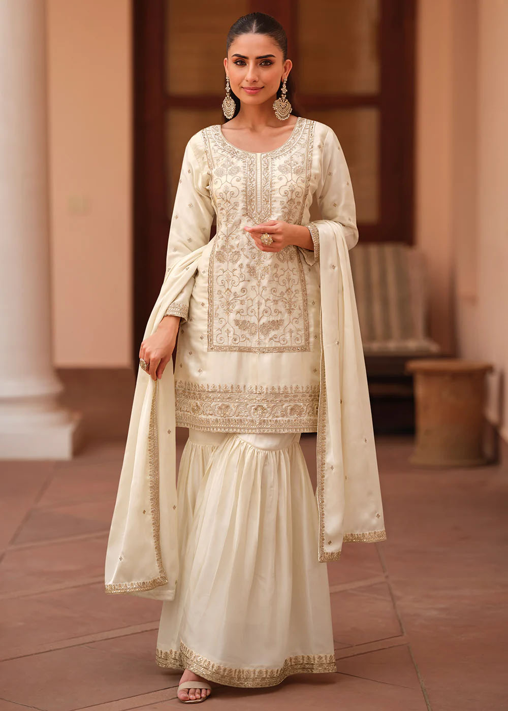 Designer Ivory Silk Satin Embroidered Gharara Set