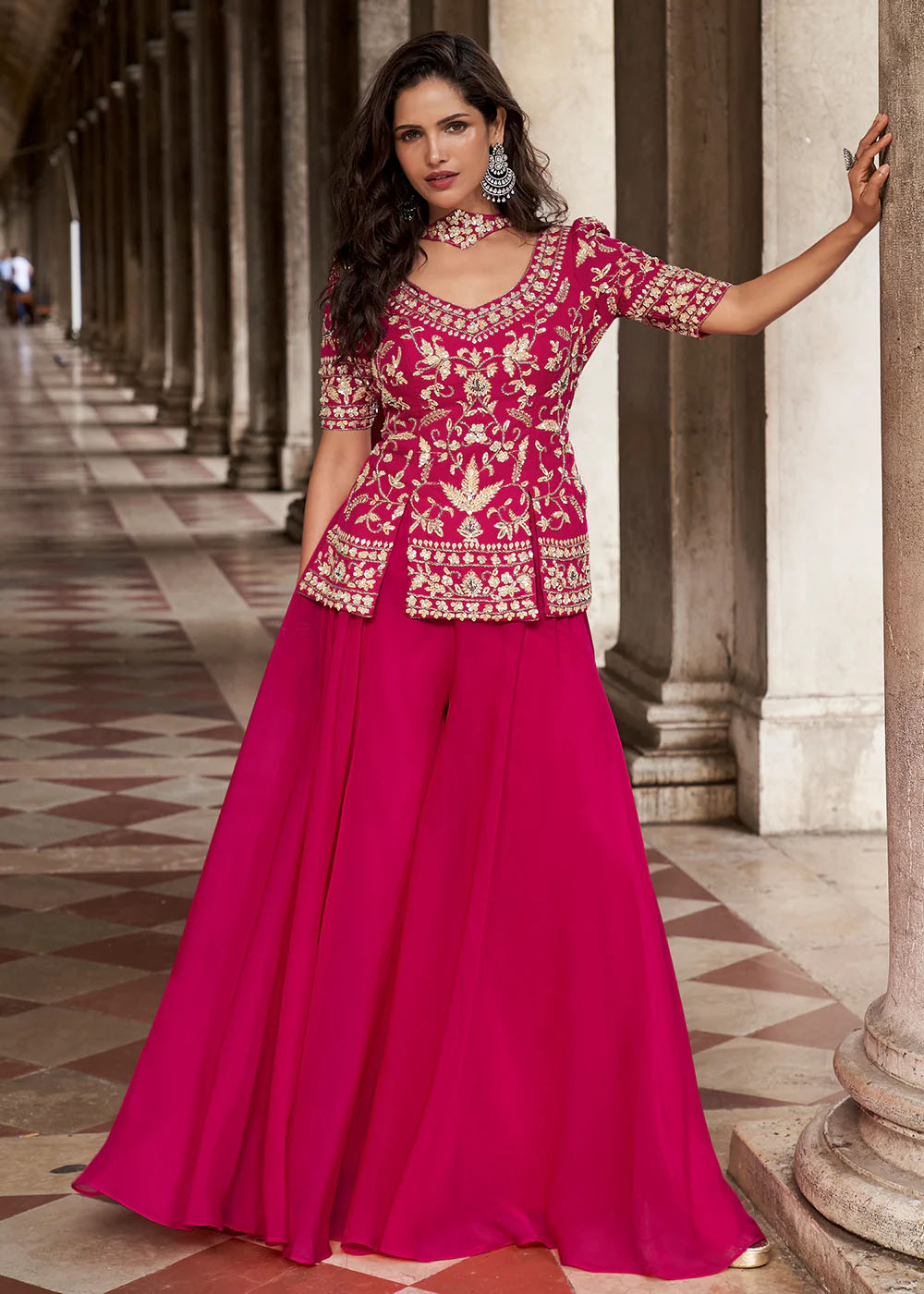 Magenta Pink Elegant Organza Silk Short Kurti & Palazzo Set