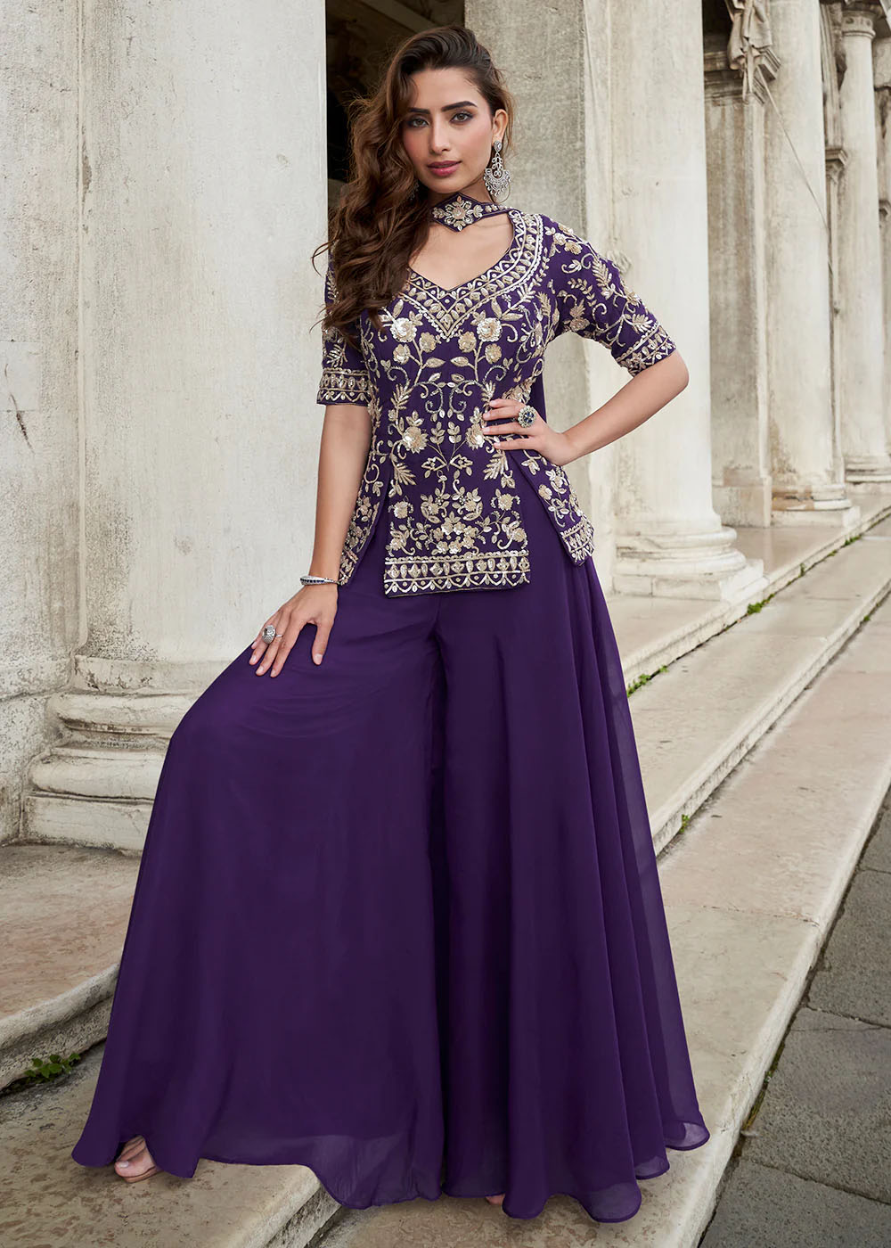 Deep Purple Elegant Organza Silk Short Kurti & Palazzo Set