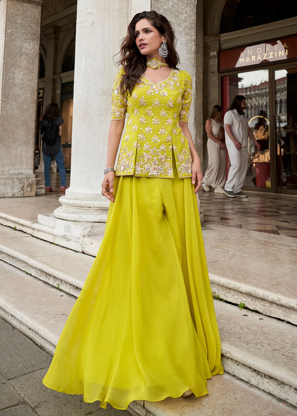 Lime Yellow Elegant Organza Silk Short Kurti & Palazzo Set