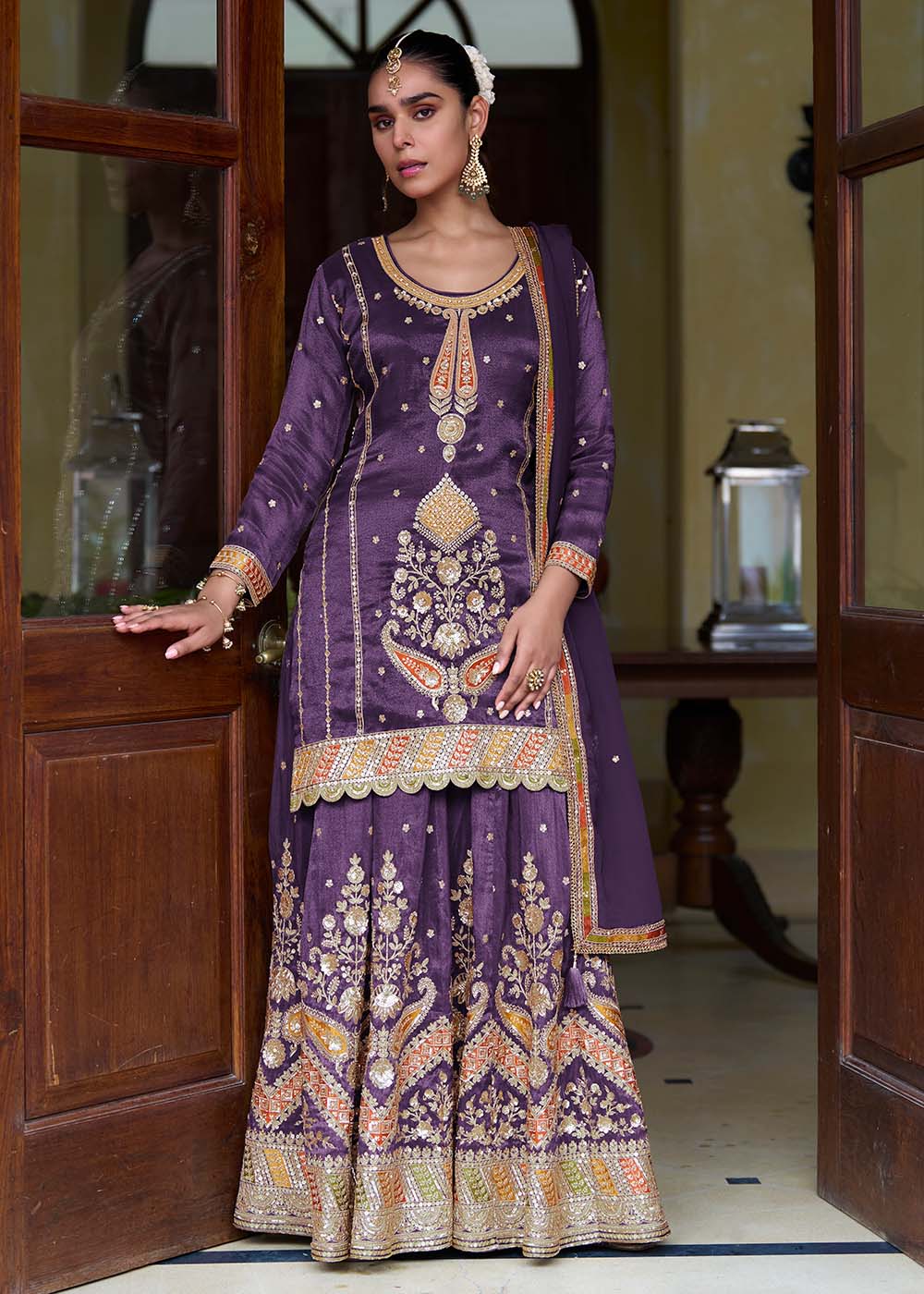 Purple Embroidered Party Wear Designer Lehenga Style Dress