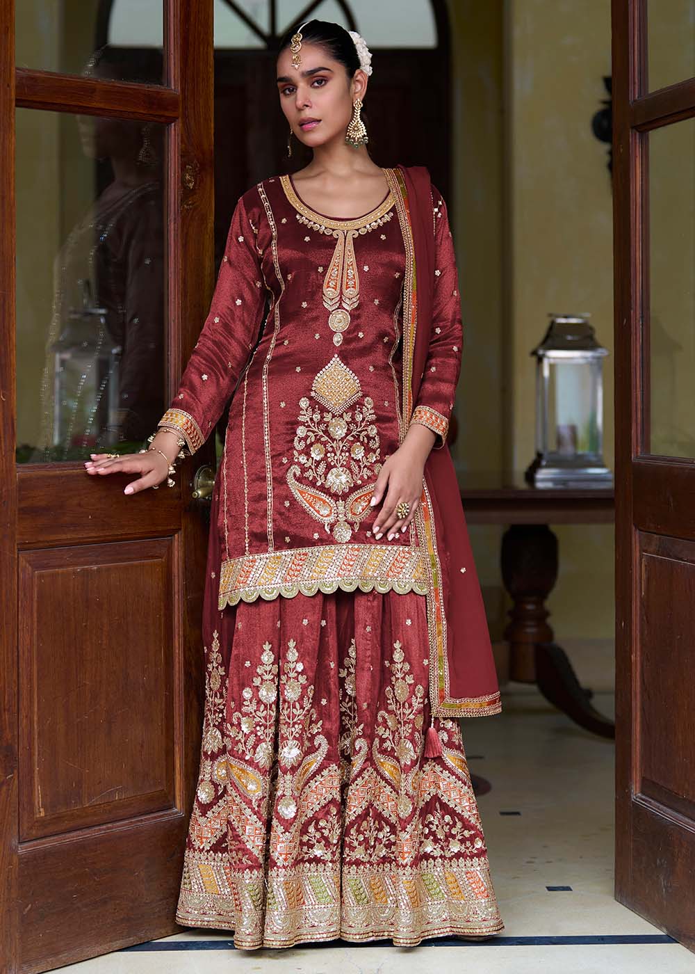 Maroon Embroidered Party Wear Designer Lehenga Style Dress