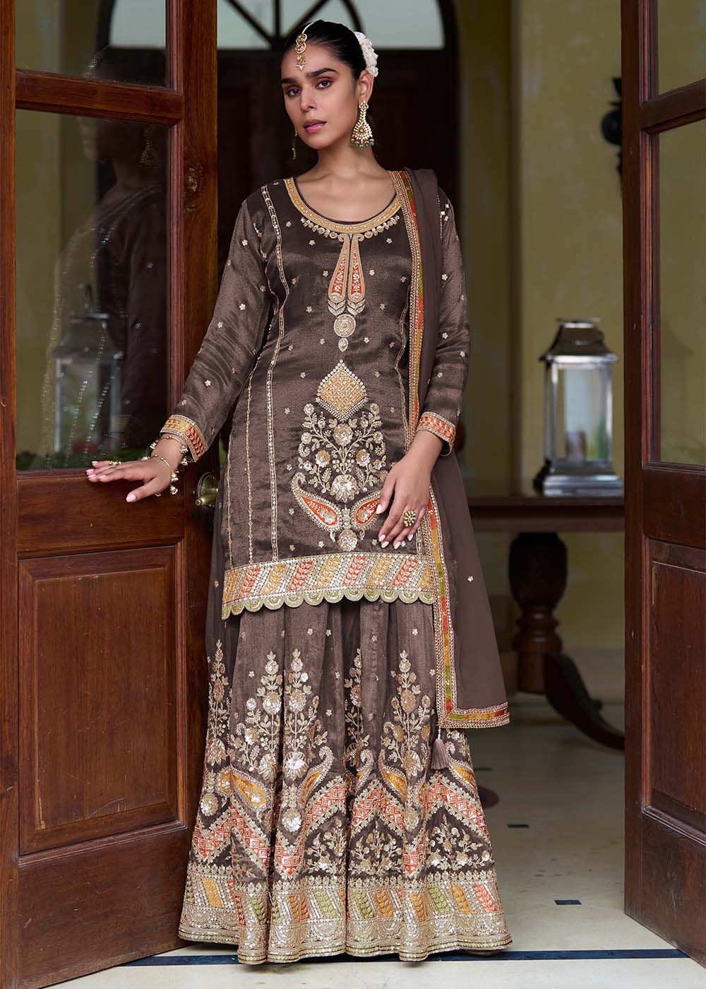 Brown Embroidered Party Wear Designer Lehenga Style Dress