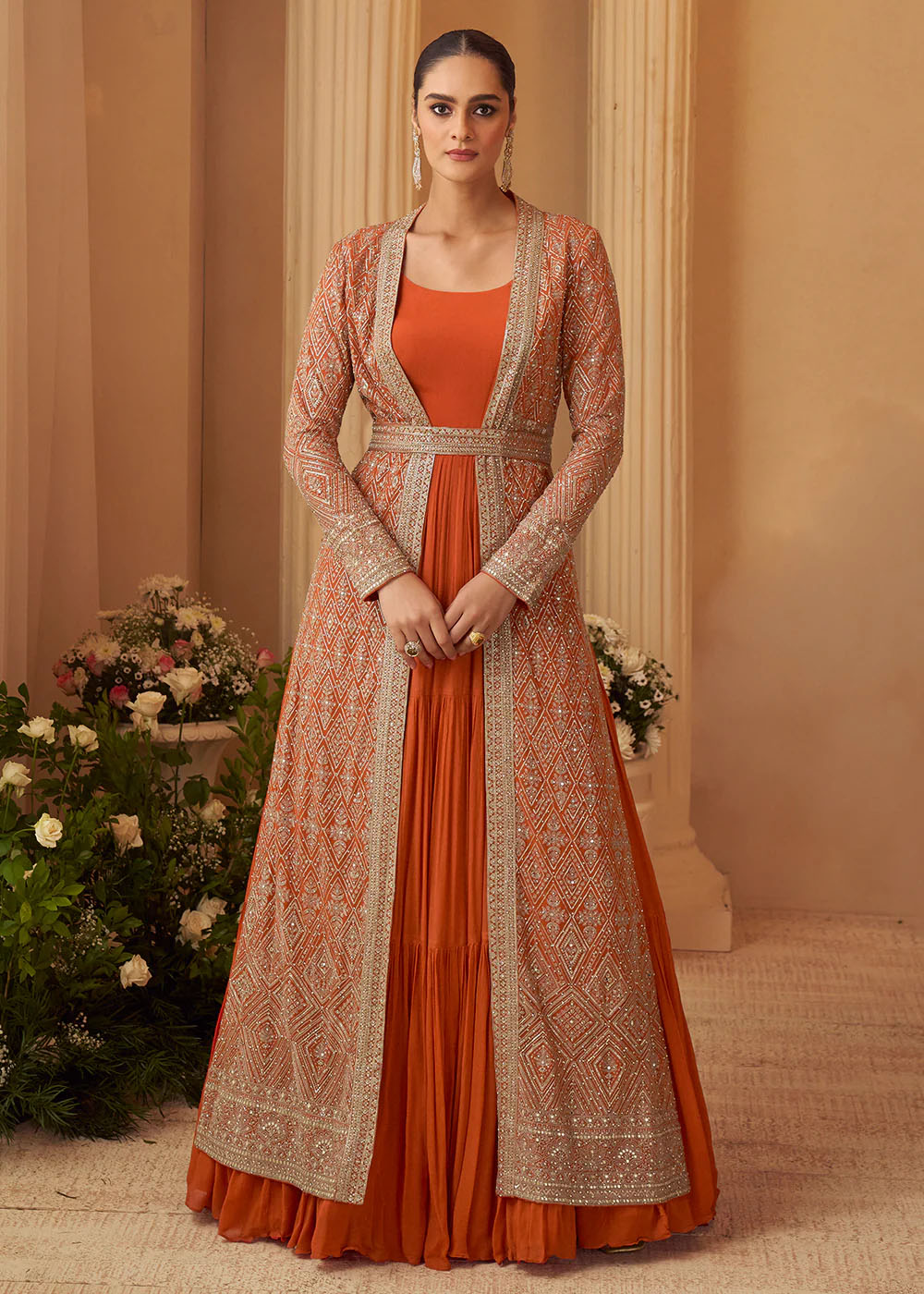 Orange Trendy Jacket Style Wedding Look Anarkali Suit