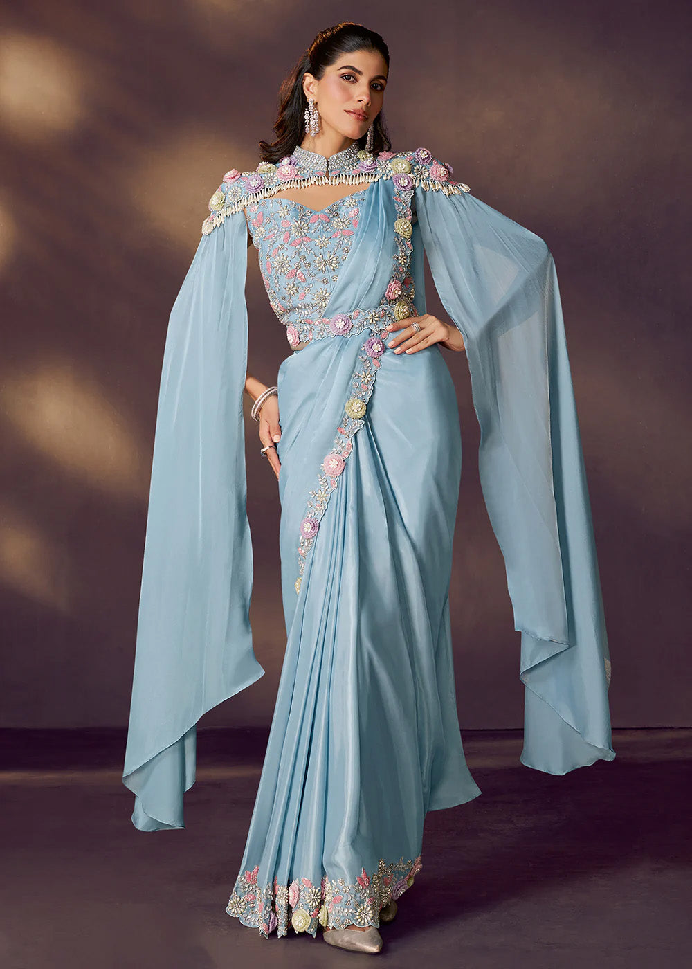 Designer Breeze Blue Pre-Draped Saree with a Modern Twist