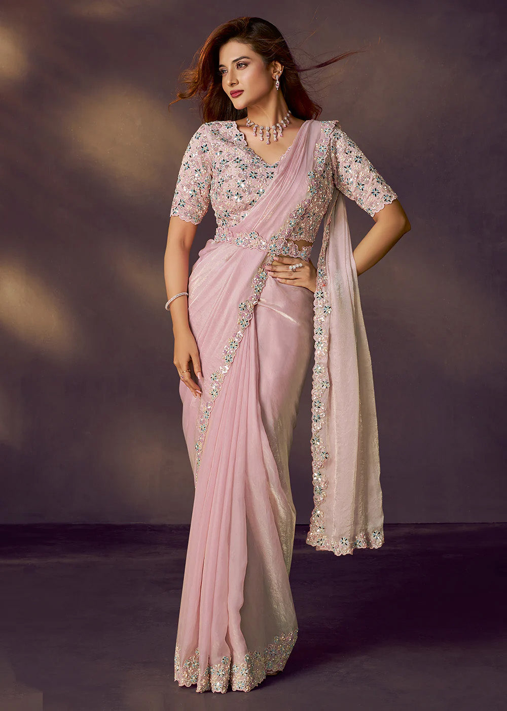 Designer Baby Pink Pre-Draped Saree with a Modern Twist