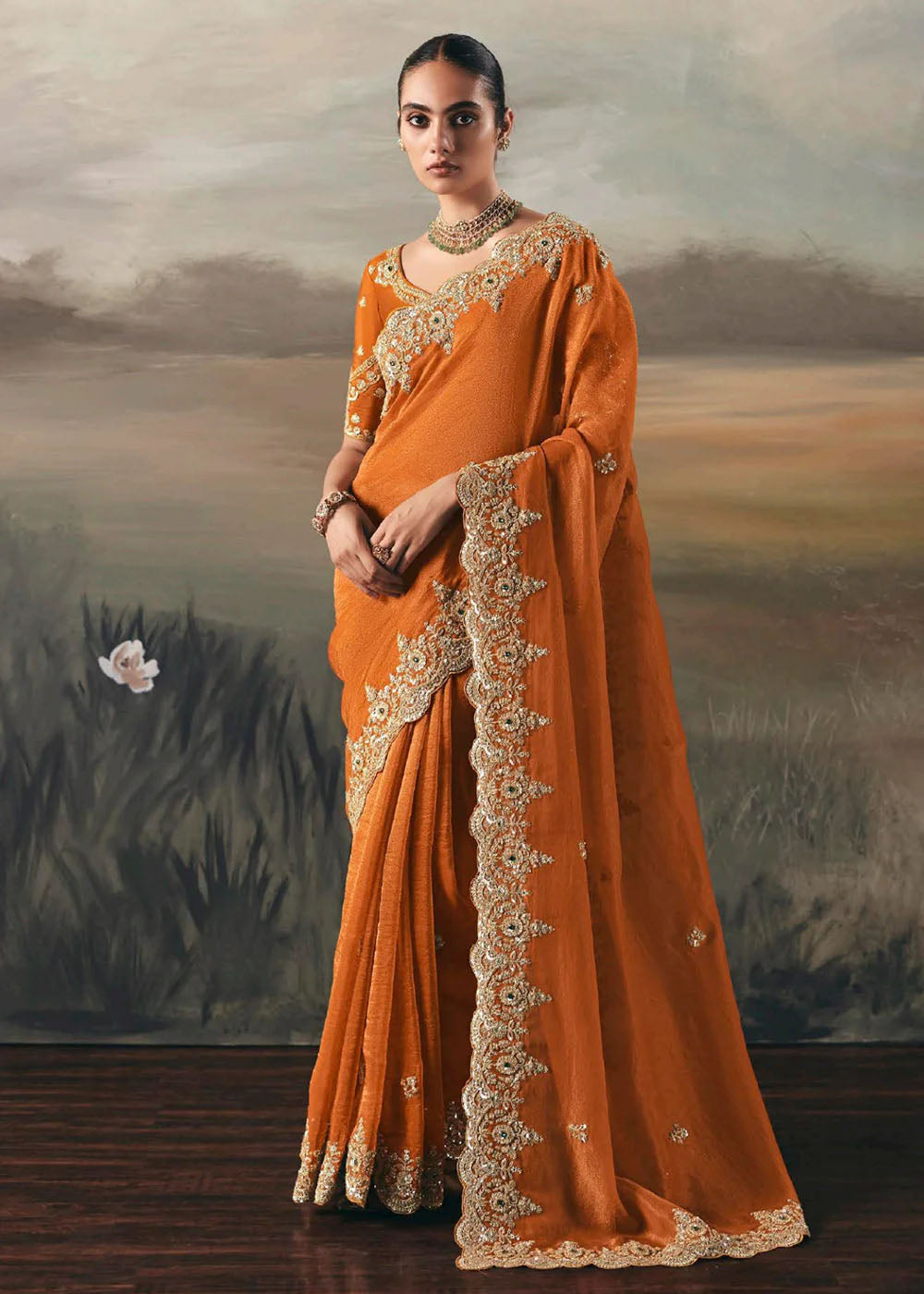 Elegant Orange Party and Wedding Wear Fancy Heavy Tissue Saree by Pakiza Studio