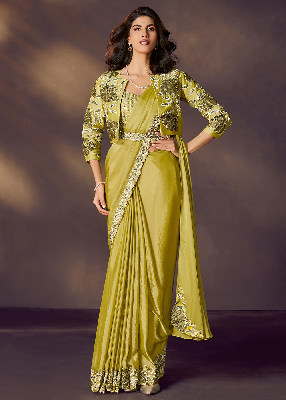 Designer Lemon Green Pre-Draped Saree with a Modern Twist