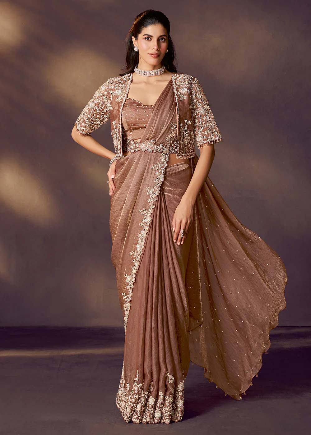 Designer Brown Pre-Draped Saree with a Modern Twist