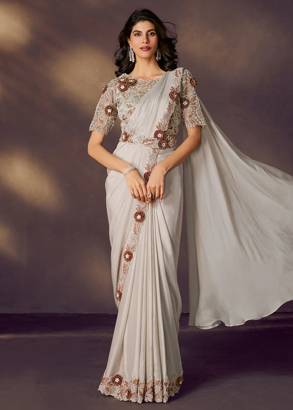 Designer Chalk Grey Pre-Draped Saree with a Modern Twist