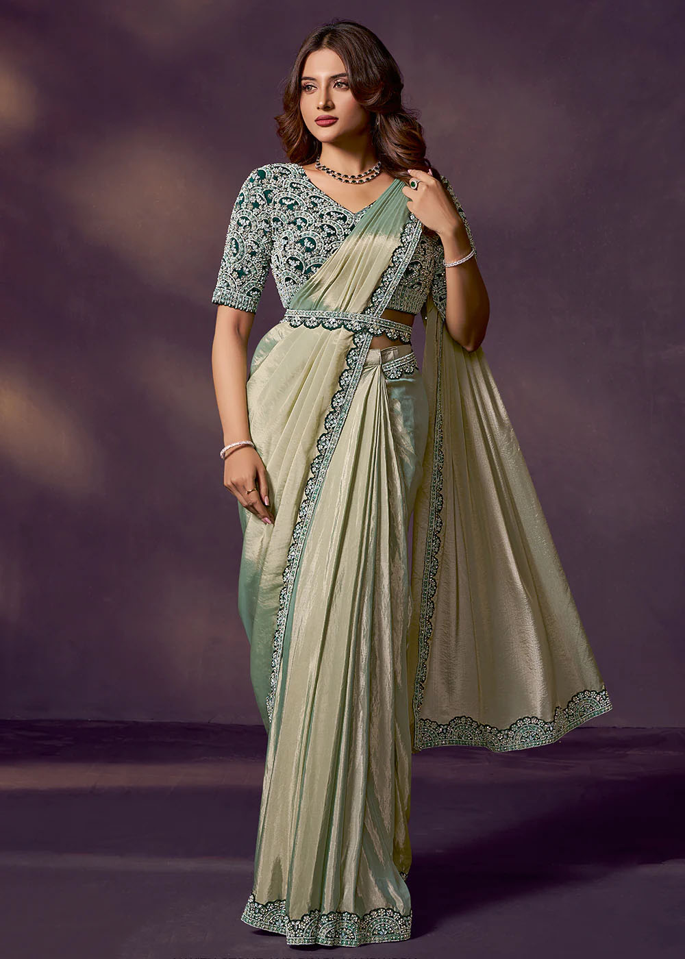 Designer Sage Green Pre-Draped Saree with a Modern Twist
