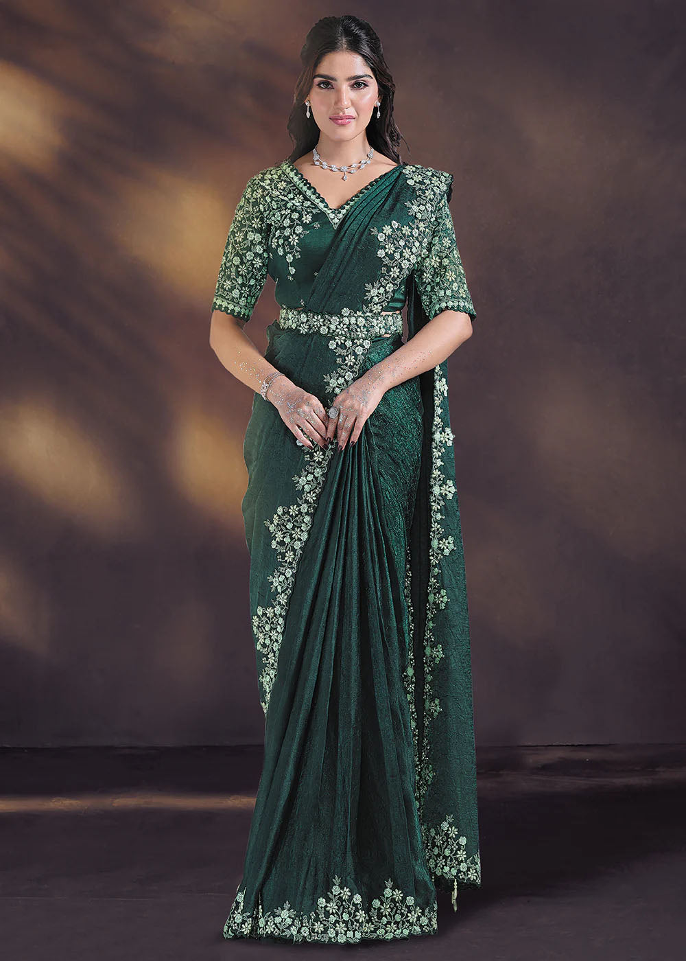 Designer Bottle Green Pre-Draped Saree with a Modern Twist