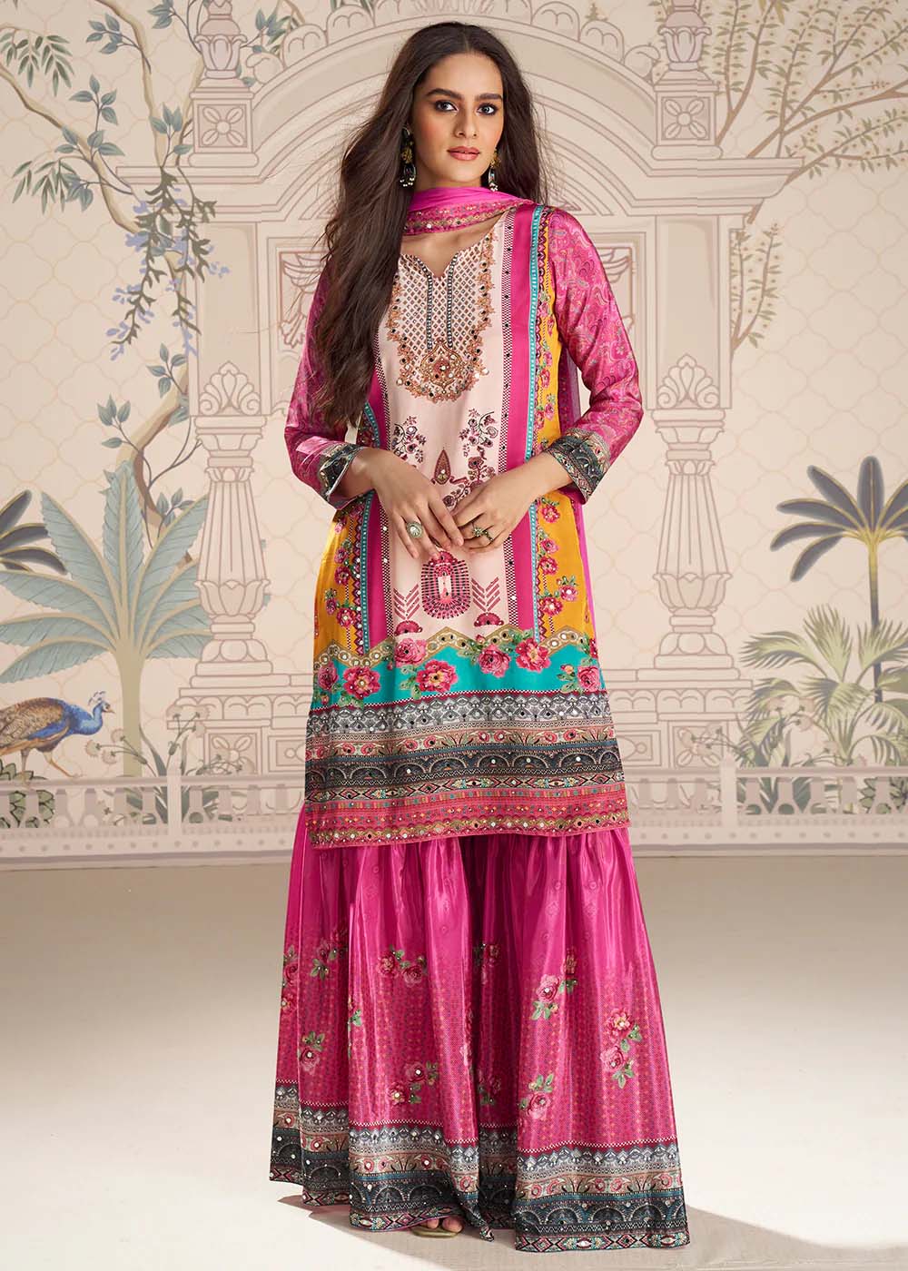 Elegant Peach Pink & Magenta Silk Gharara Set with Mirror Work