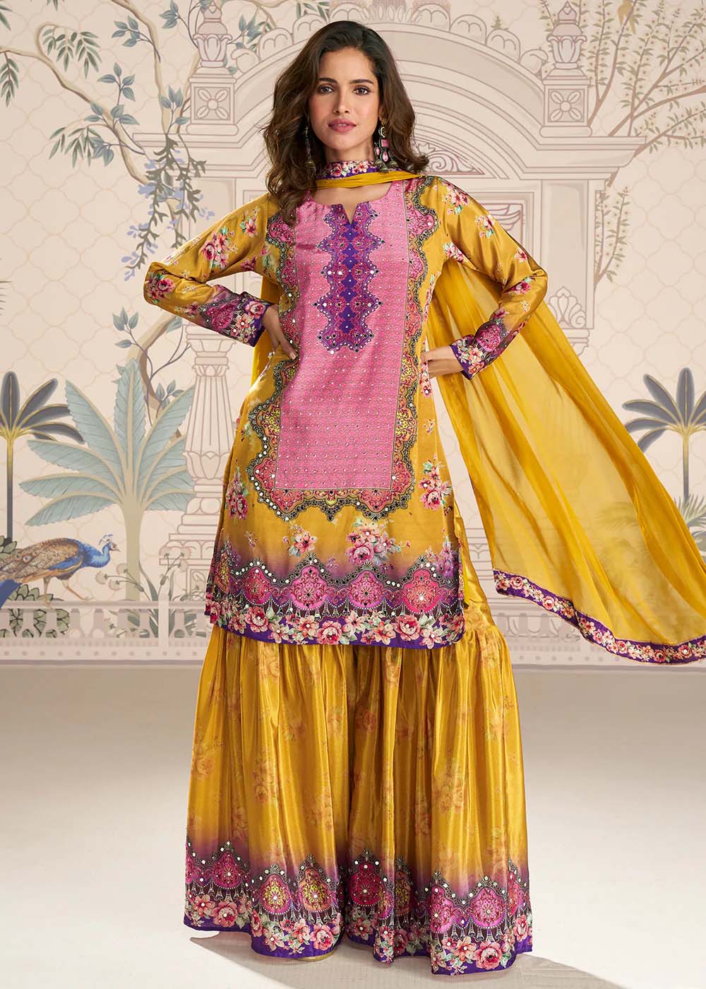 Elegant Mustard Yellow & Pink Silk Gharara Set with Mirror Work