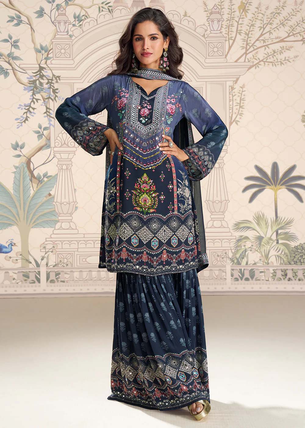 Elegant Navy Blue & Teal Silk Gharara Set with Mirror Work