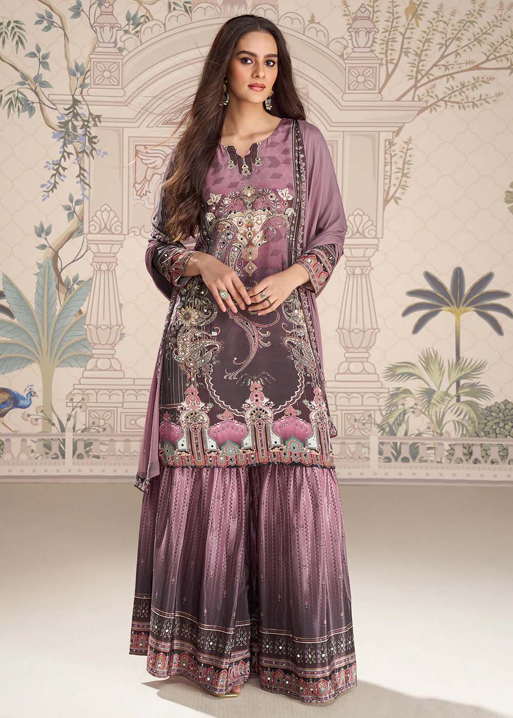 Elegant Mauve Purple & Rose Silk Gharara Set with Mirror Work