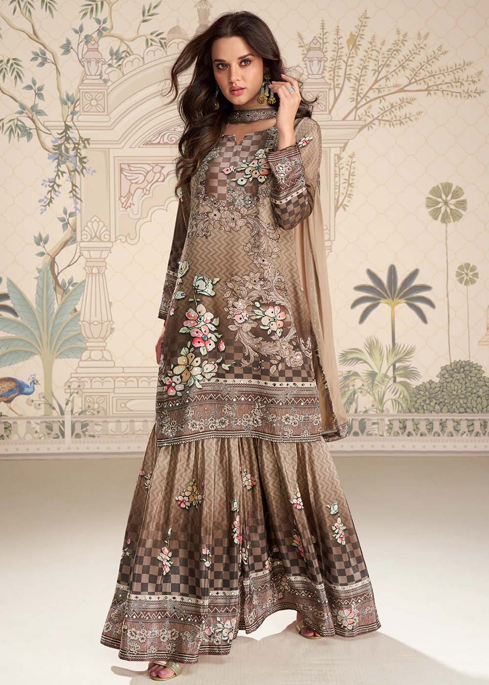 Elegant Coffee Brown & Beige Silk Gharara Set with Mirror Work