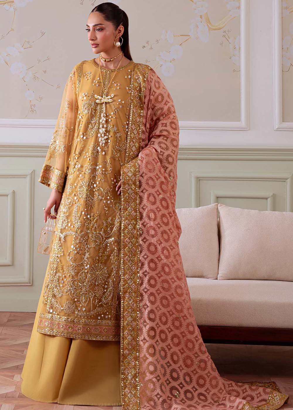 Mustard Gold Elanora Premium Embroidered Collection ’25 by Nureh | NEL-83
