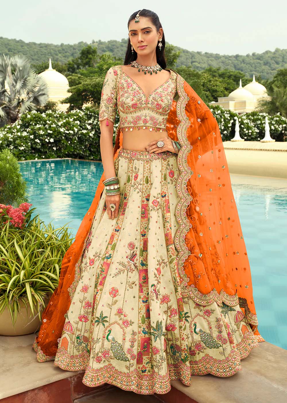 Ivory Cream Embroidered Silk Bridal Lehenga Choli