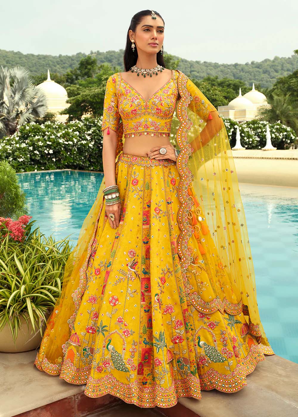 Mustard Yellow Embroidered Silk Bridal Lehenga Choli