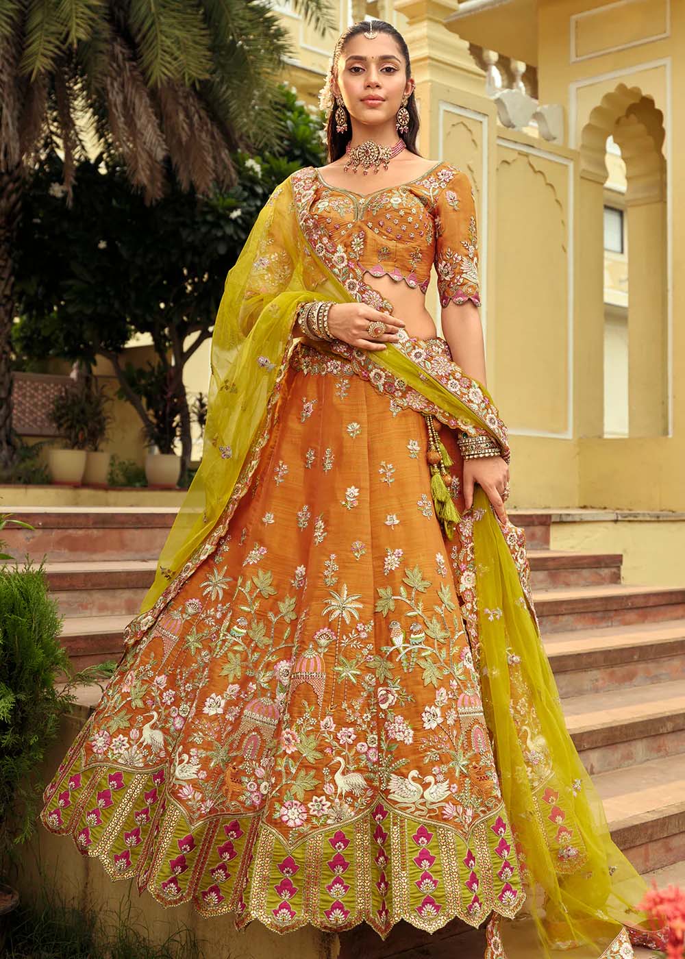 Burnt Orange Embroidered Silk Bridal Lehenga Choli