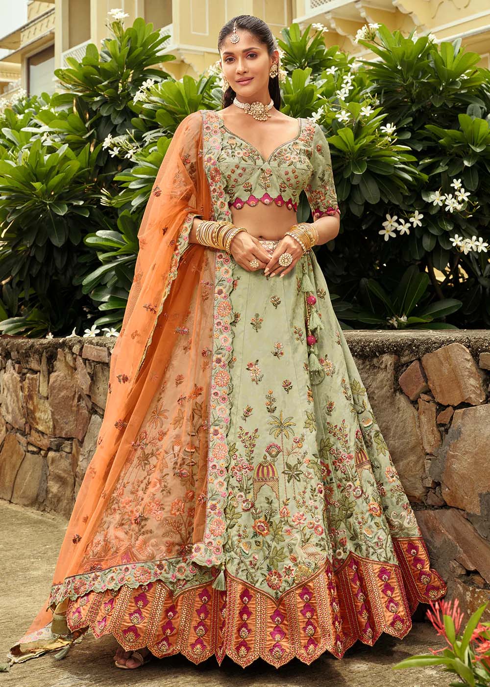 Sage Green Embroidered Silk Bridal Lehenga Choli