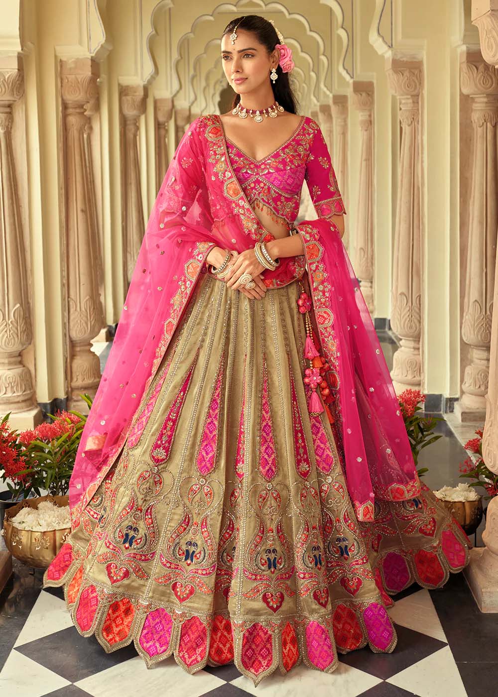 Beige Gold Embroidered Silk Bridal Lehenga Choli