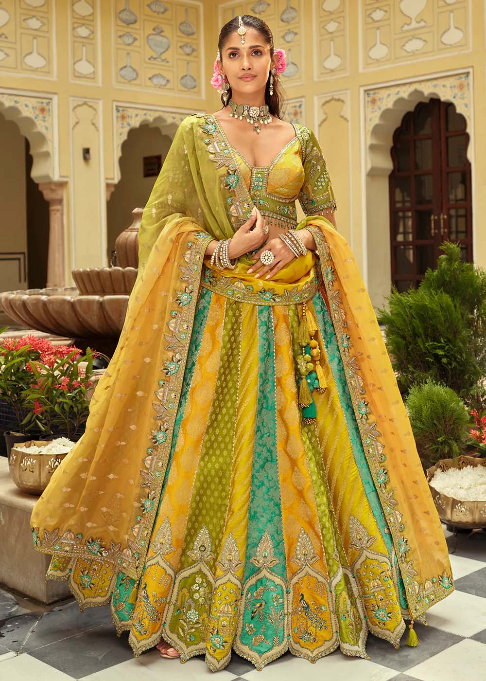 Lime Green Embroidered Silk Bridal Lehenga Choli
