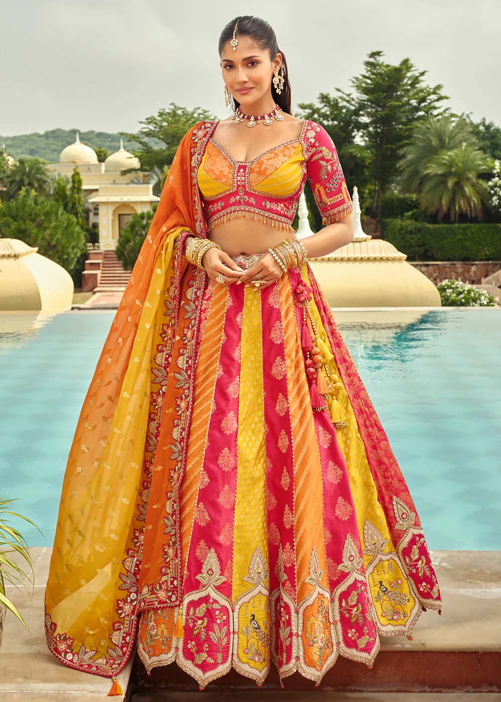 Yellow and Pink Embroidered Silk Bridal Lehenga Choli