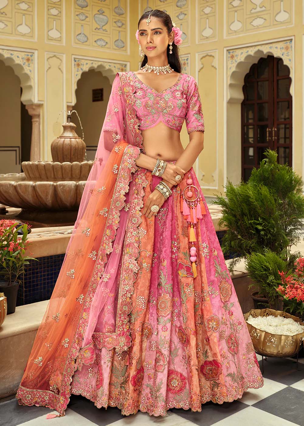 Rose Pink Embroidered Silk Bridal Lehenga Choli
