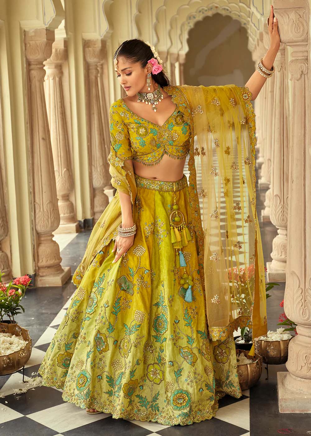 Teal Green & Gold Embroidered Silk Bridal Lehenga Choli
