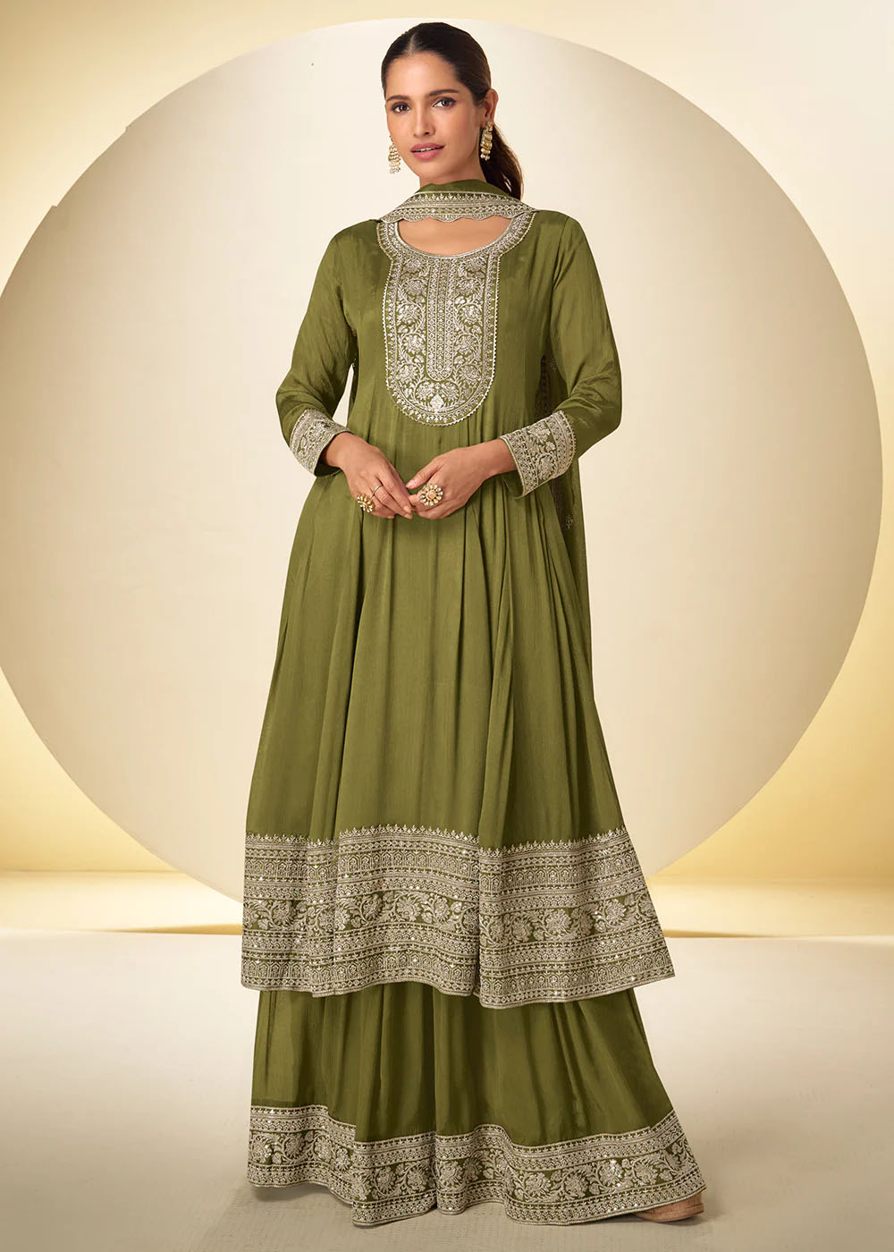 Olive Green Traditional Embroidered Palazzo Suit