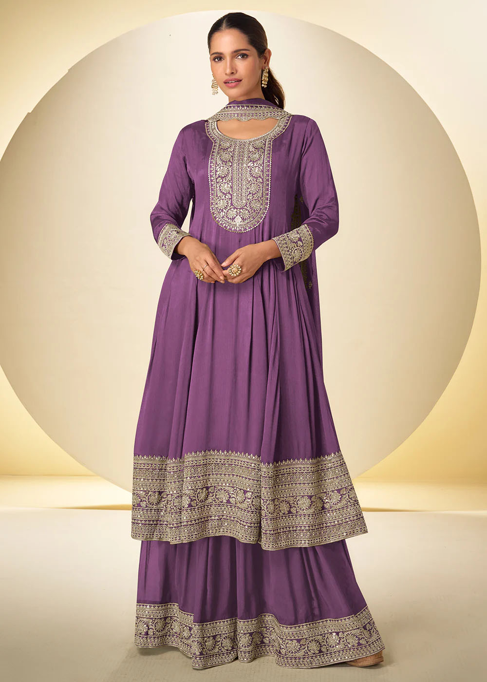 Grape Purple Traditional Embroidered Palazzo Suit