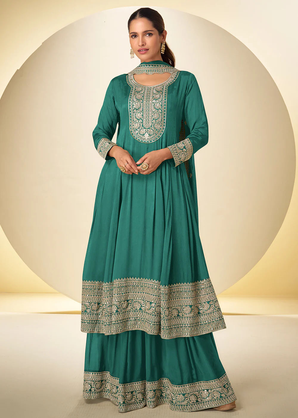Teal Green Traditional Embroidered Palazzo Suit