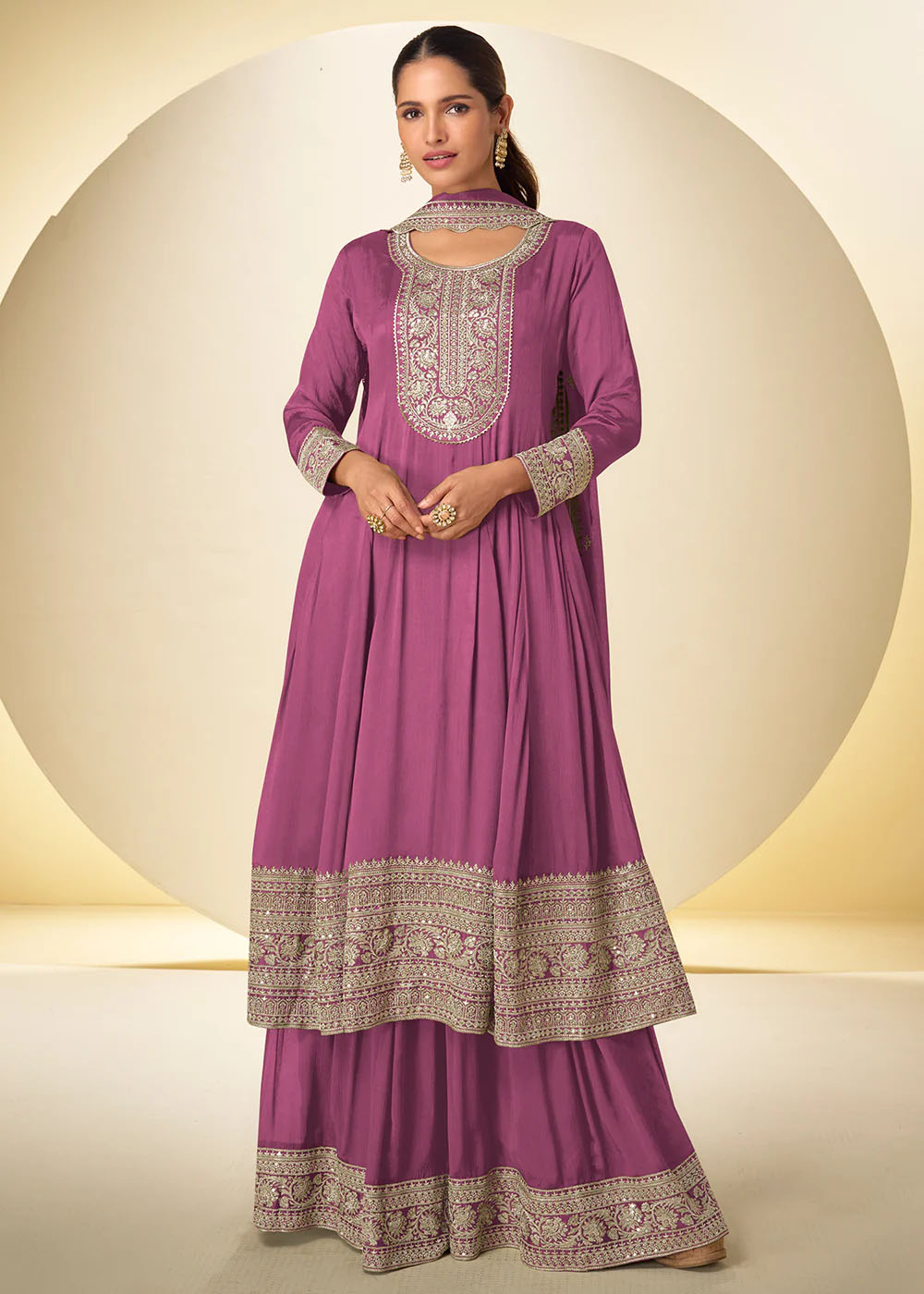 Mauve Pink Traditional Embroidered Palazzo Suit