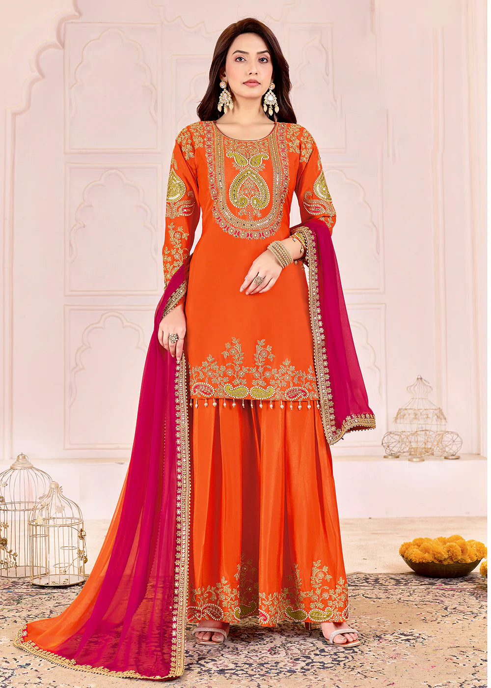Luxury Bright Orange Chinnon Embroidered Palazzo Set