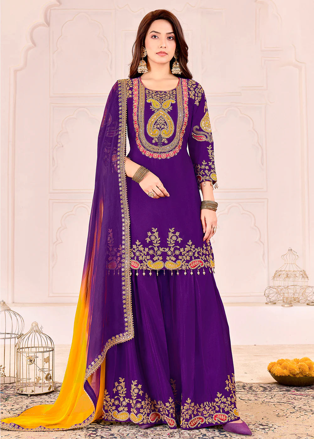 Luxury Royal Purple Chinnon Embroidered Palazzo Set